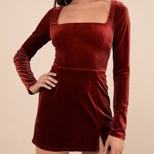 Lulus Admirable Aura Rust Velvet Long Sleeve Skort Romper - Size XS